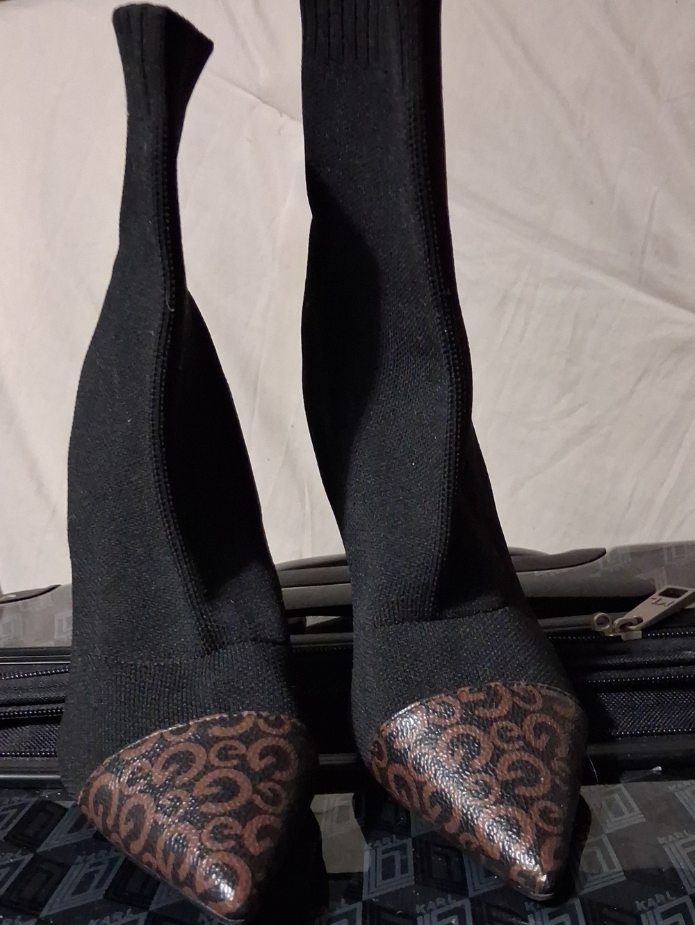 Black Knit Pointed-Toe Heeled Sock Boots with Brown Patterned Toe